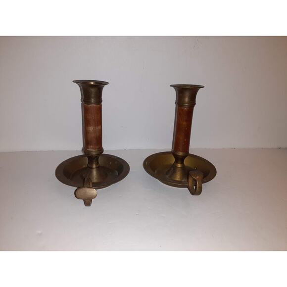 Pair of Vintage Brass and Wood Chambersticks Candle holders 4.5 " tall - Picture 6 of 8